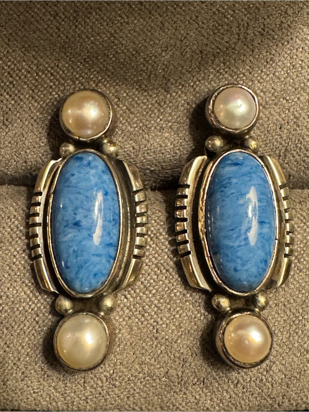 Vintage Sterling Silver Denim Lapis Pearl Earrings Signed